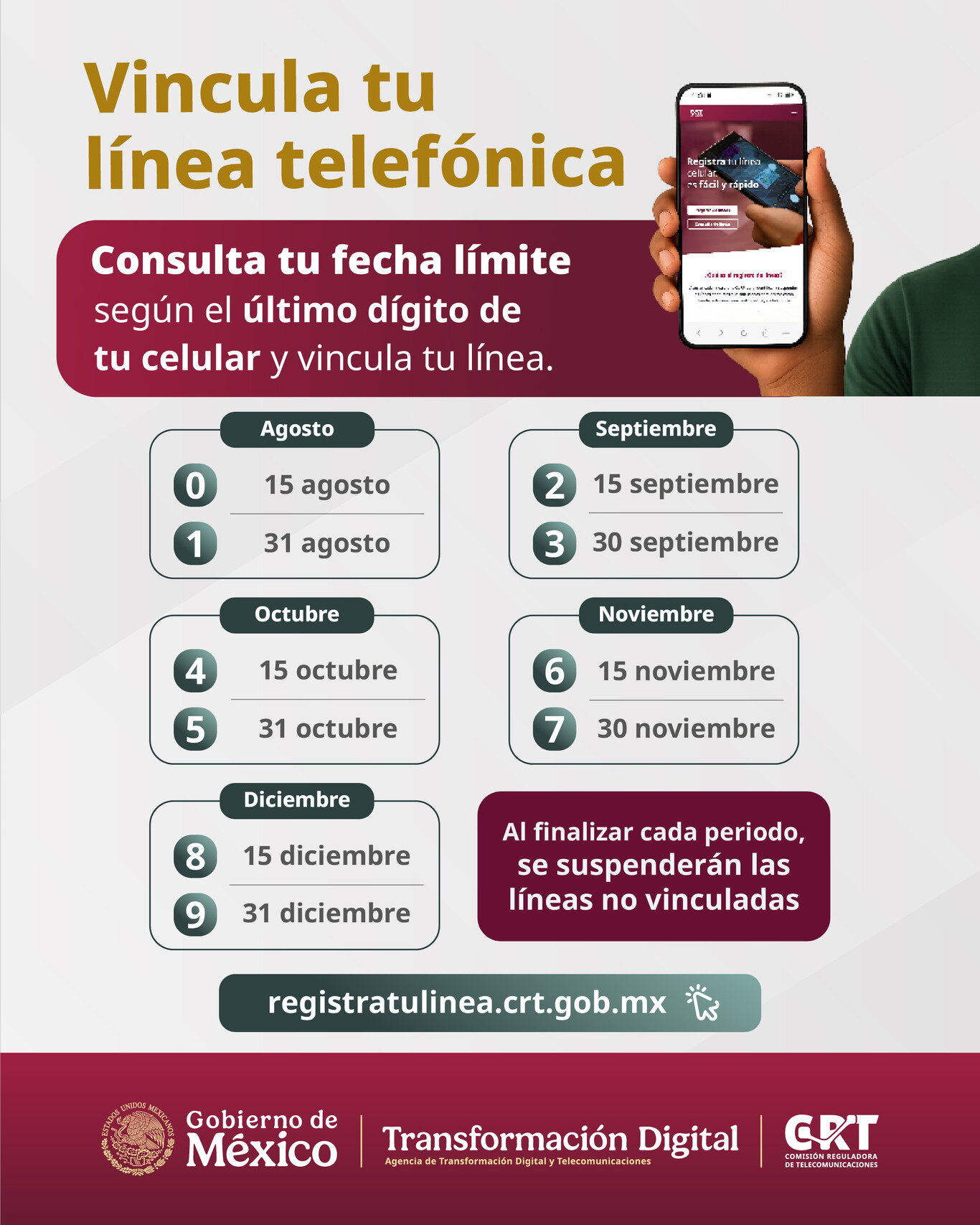 Vincula tu línea telefónica. Consulta tu fecha límite según el último dígito de tu celular y vincula tu línea en registratulinea.crt.gob.mx